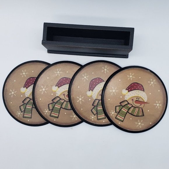 Vintage Wooden Set of 4 Snowman Snowflake Coasters with Holder - Picture 6 of 9
